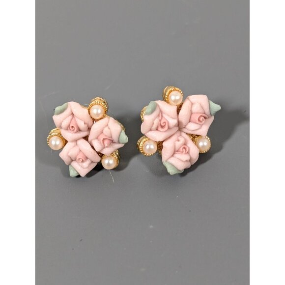 Vintage 1928 Pink Porcelain Rose Faux Pearl Cluster Pierced Earrings - Picture 1 of 7